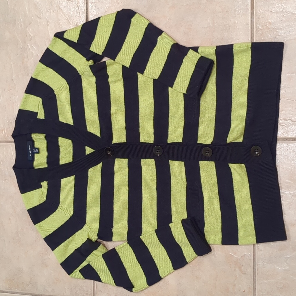 Lands End Navy Blue & Green Striped Preppy Cardigan Size Small